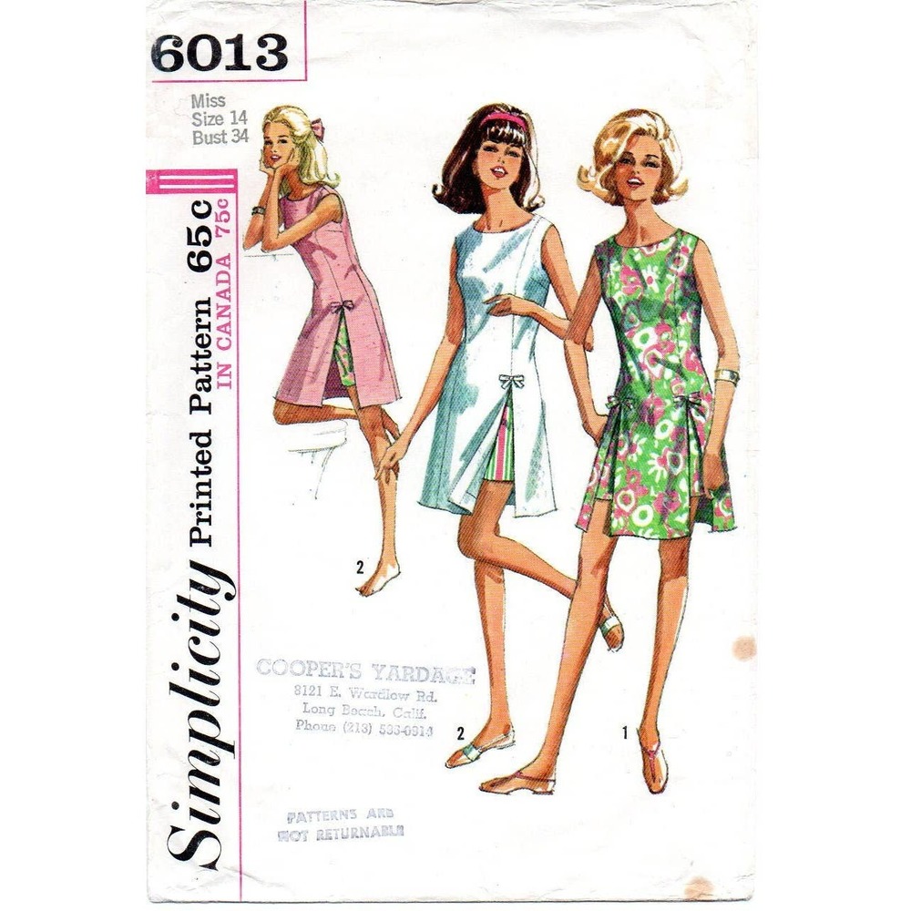 Vintage 1960s Simplicity 6013 Sewing Pattern Size 14 Play Dress & Shorts UNCUT